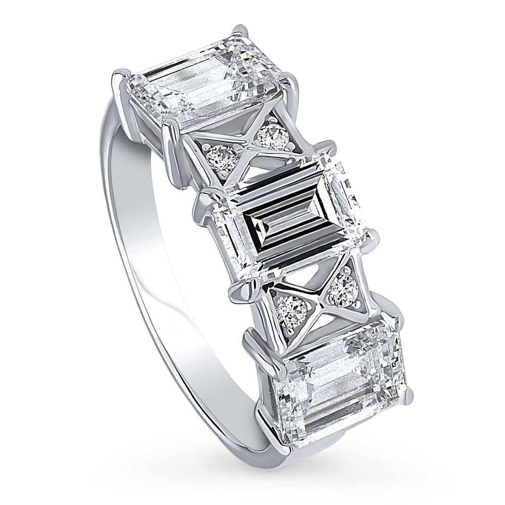 3-Stone Art Deco Emerald Cut CZ Statement Ring in Sterling Silver