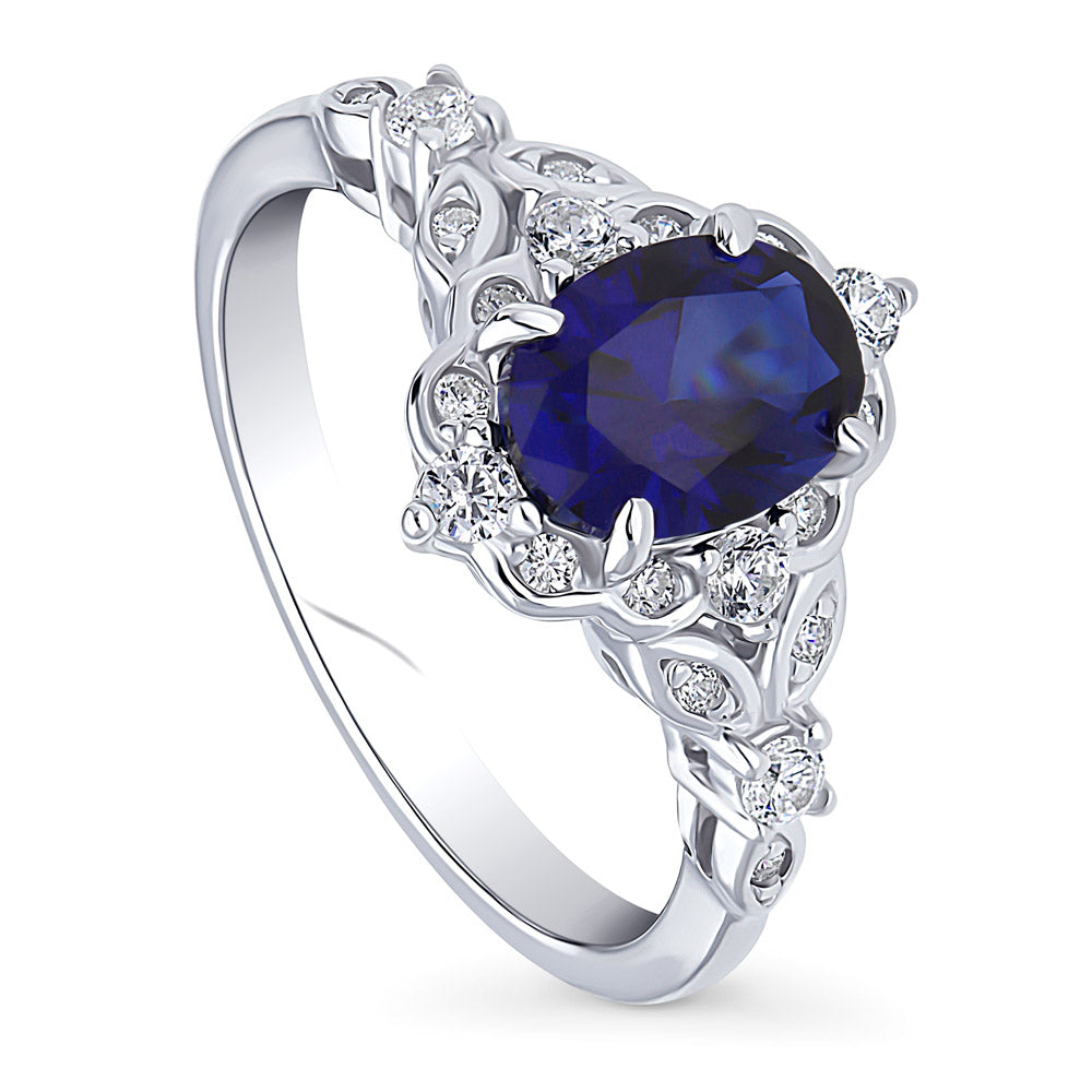 Halo Blue Sapphire Ring Solitaire With Accents Statement Ring CZ Sapphire Ring Anniversary Engagement Ring 14K Round deals Cut Halo Ring