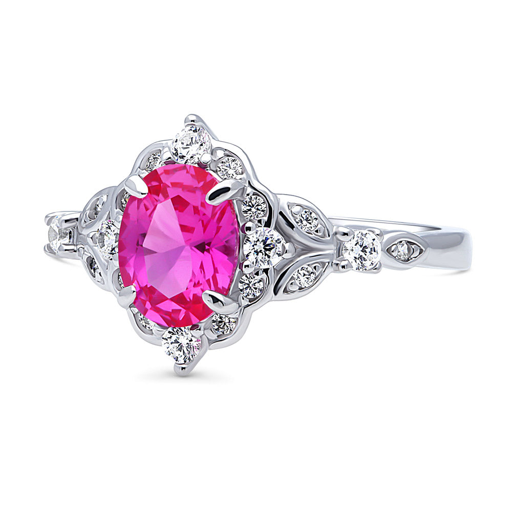 Sterling Silver Halo Art Deco Pink Oval CZ Wedding Engagement Ring