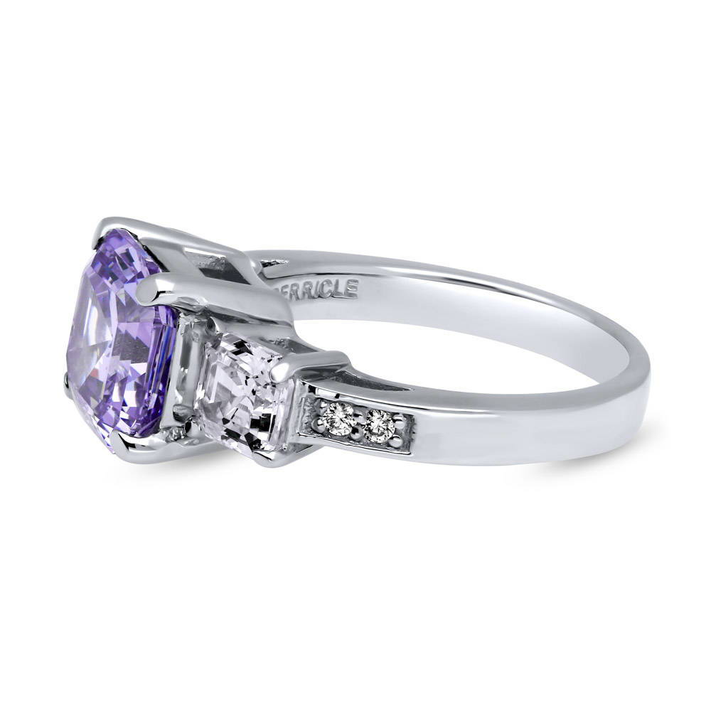 Sterling Silver 3-Stone Purple Asscher CZ Cocktail Engagement Ring