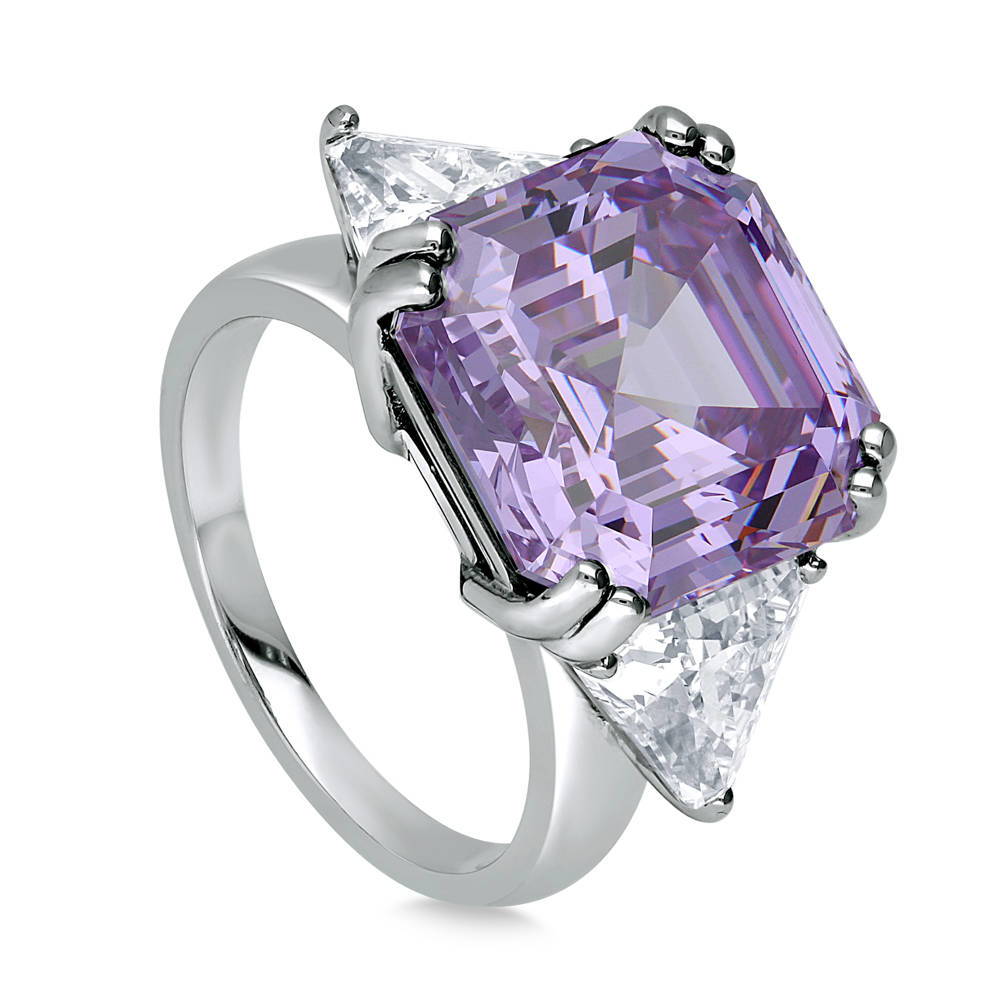 Sterling Silver 3-Stone Purple Asscher CZ Cocktail Anniversary