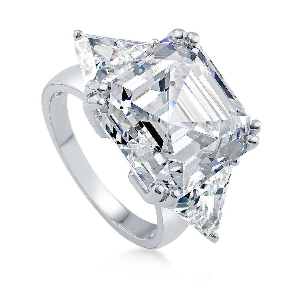 Sterling Silver 3-Stone Asscher CZ Cocktail Wedding Engagement