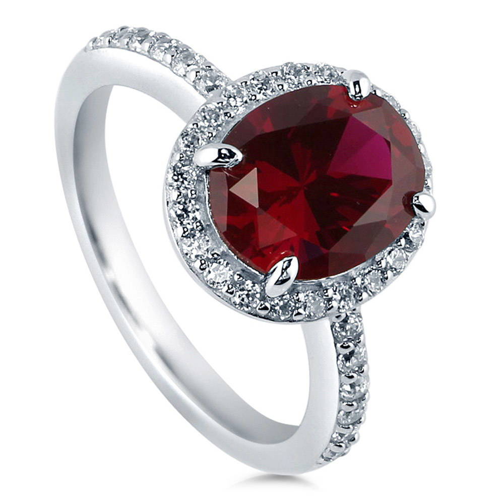 Sterling Silver Halo Simulated Ruby Oval CZ Wedding Engagement