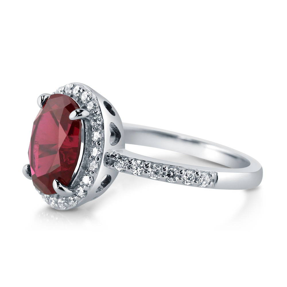 Sterling Silver Halo Simulated Ruby Oval CZ Wedding Engagement