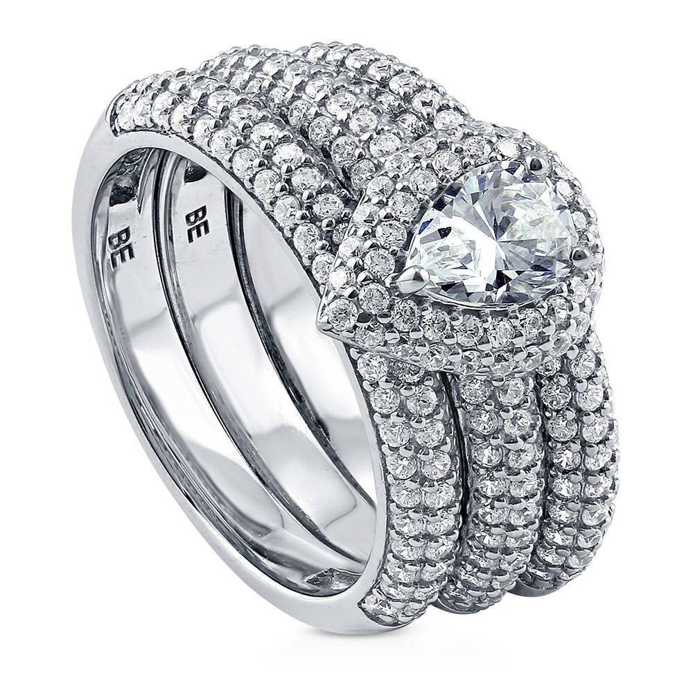 Front view of Halo Pear CZ Statement Ring Set in Sterling Silver, 4 of 8