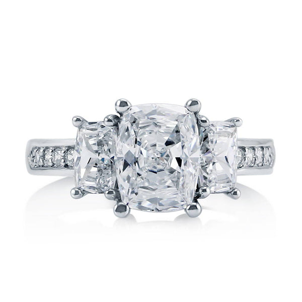 Sterling Silver 3-Stone Cushion CZ Wedding Engagement Ring #R739