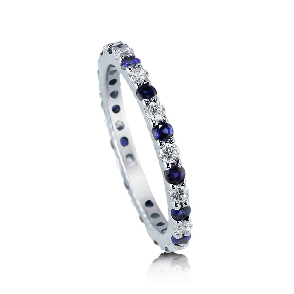 Sterling Silver Simulated Blue Sapphire Pave Set CZ Eternity Ring