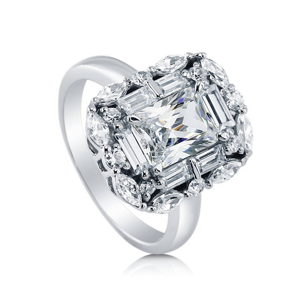 Front view of Halo Art Deco Radiant CZ Ring in Sterling Silver, 4 of 7