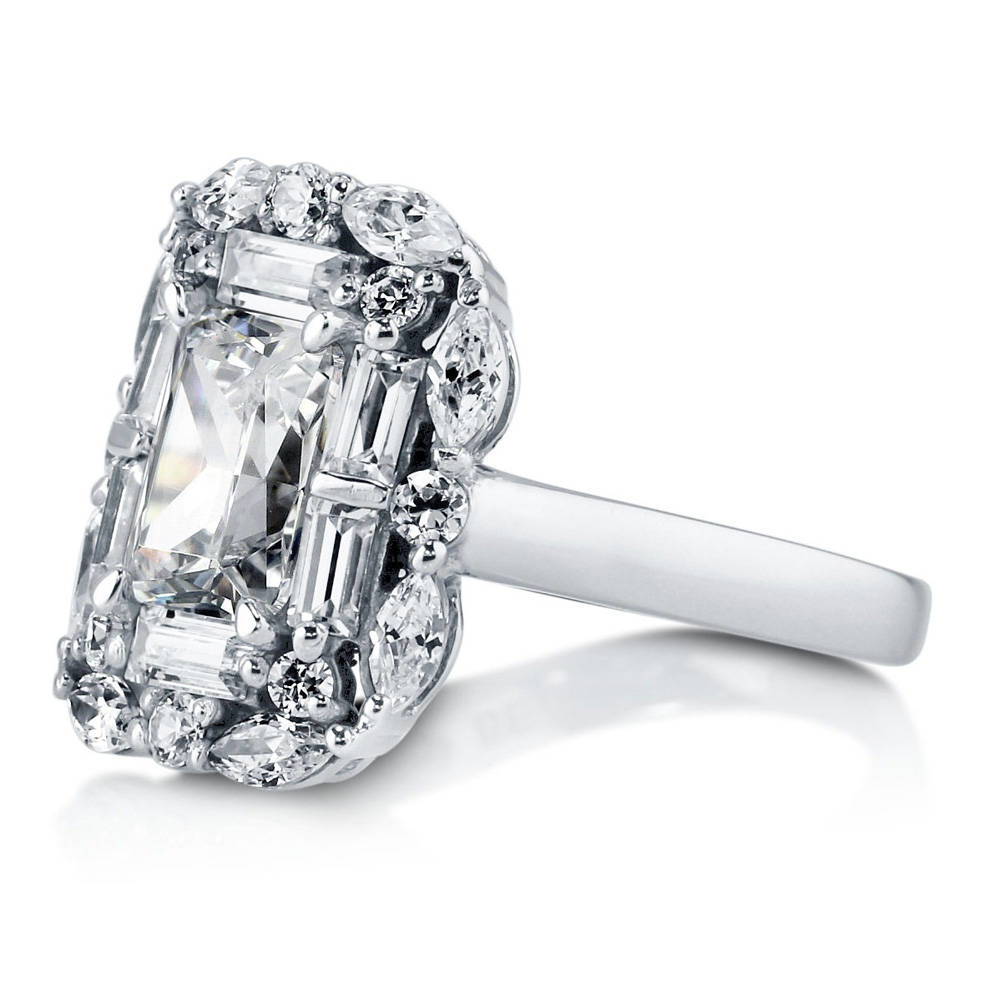 Angle view of Halo Art Deco Radiant CZ Ring in Sterling Silver, 5 of 7