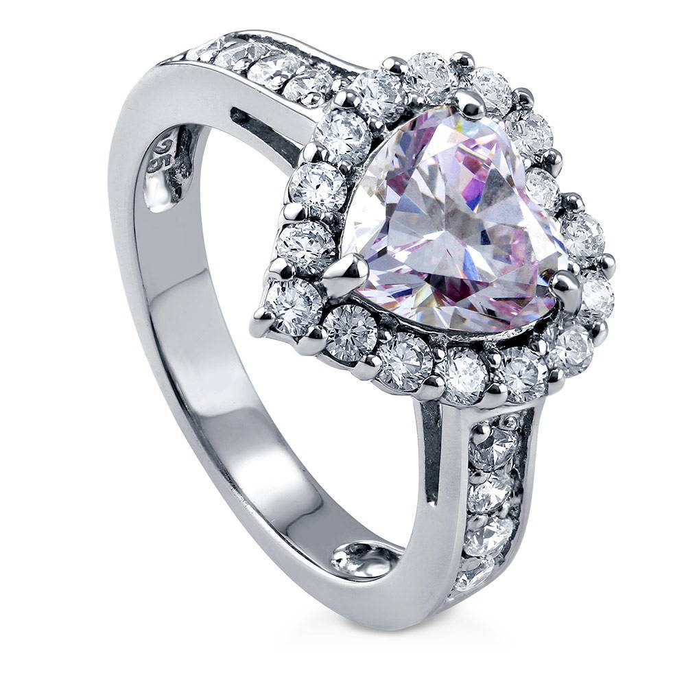 Sterling Silver Halo Heart Purple CZ Cocktail Wedding Engagement