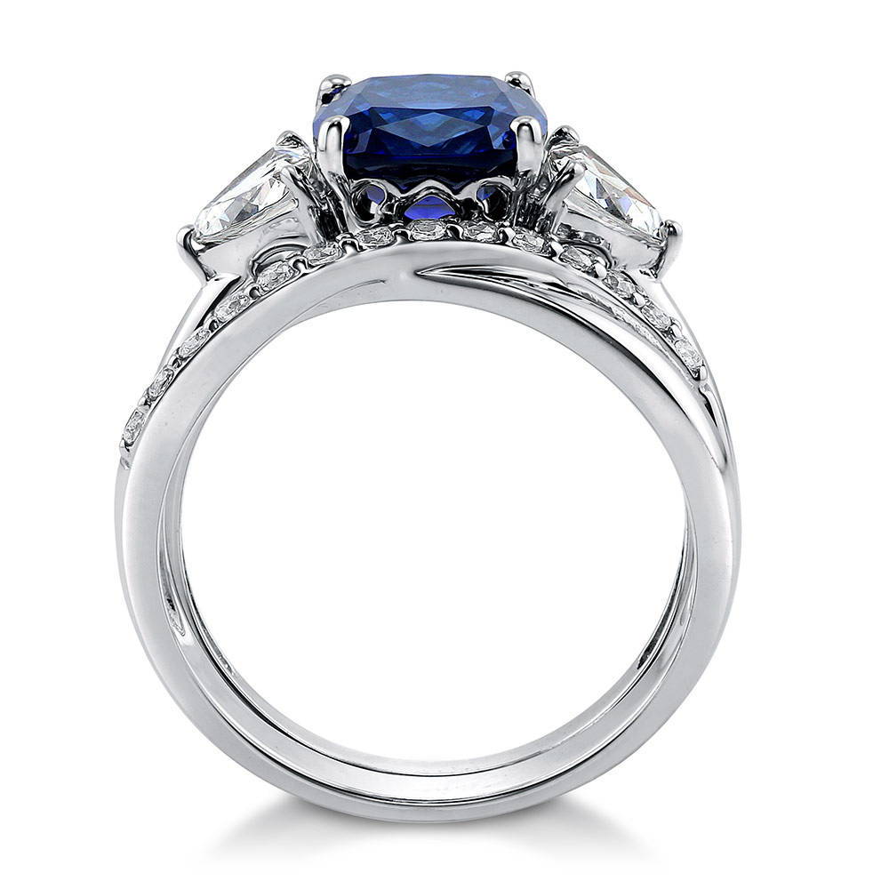 925 Sterling 2024 Silver 3 Stone 10x8mm Blue Sapphire Cz Oval & 6x4mm Pear Cz Engagement Ring