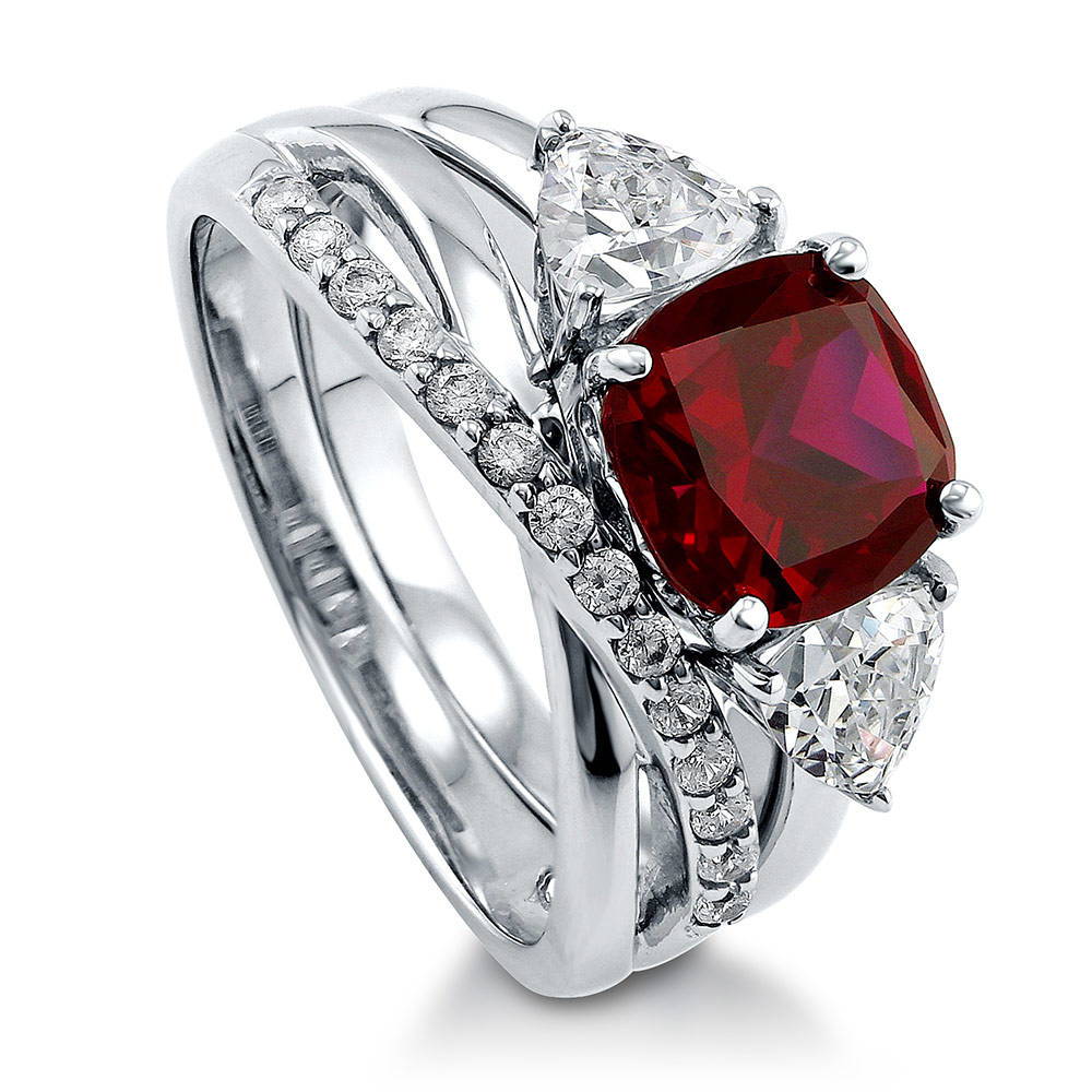 Sterling Silver 3-Stone Simulated Ruby Cushion CZ Engagement Ring