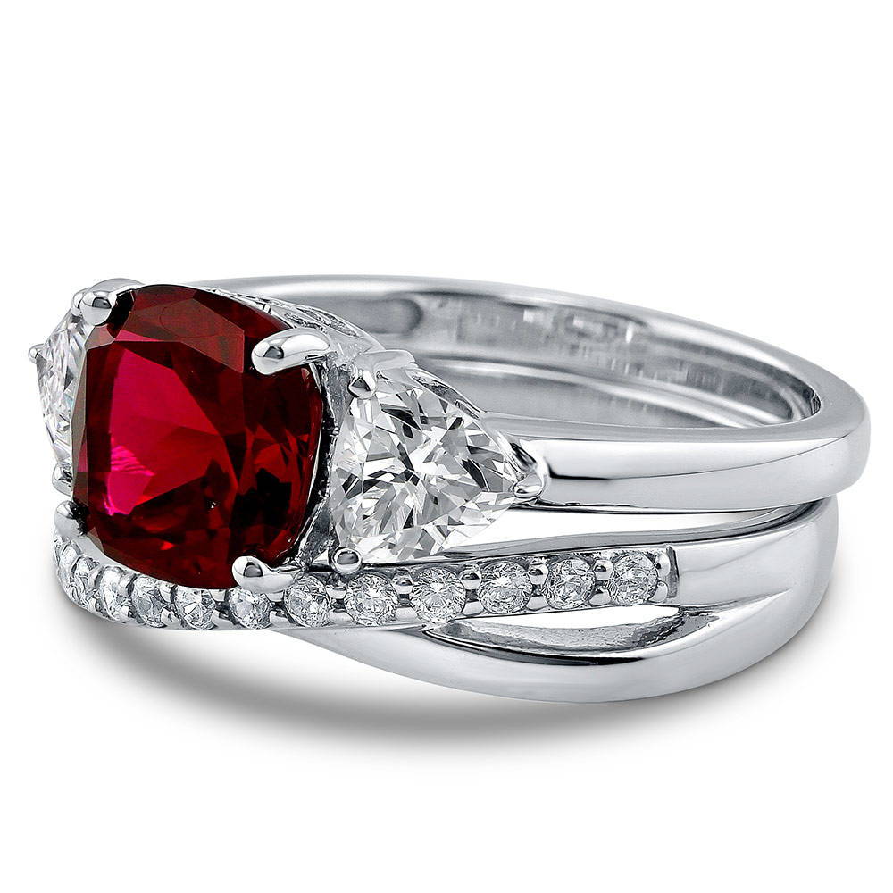 Sterling Silver 3-Stone Simulated Ruby Cushion CZ Engagement Ring