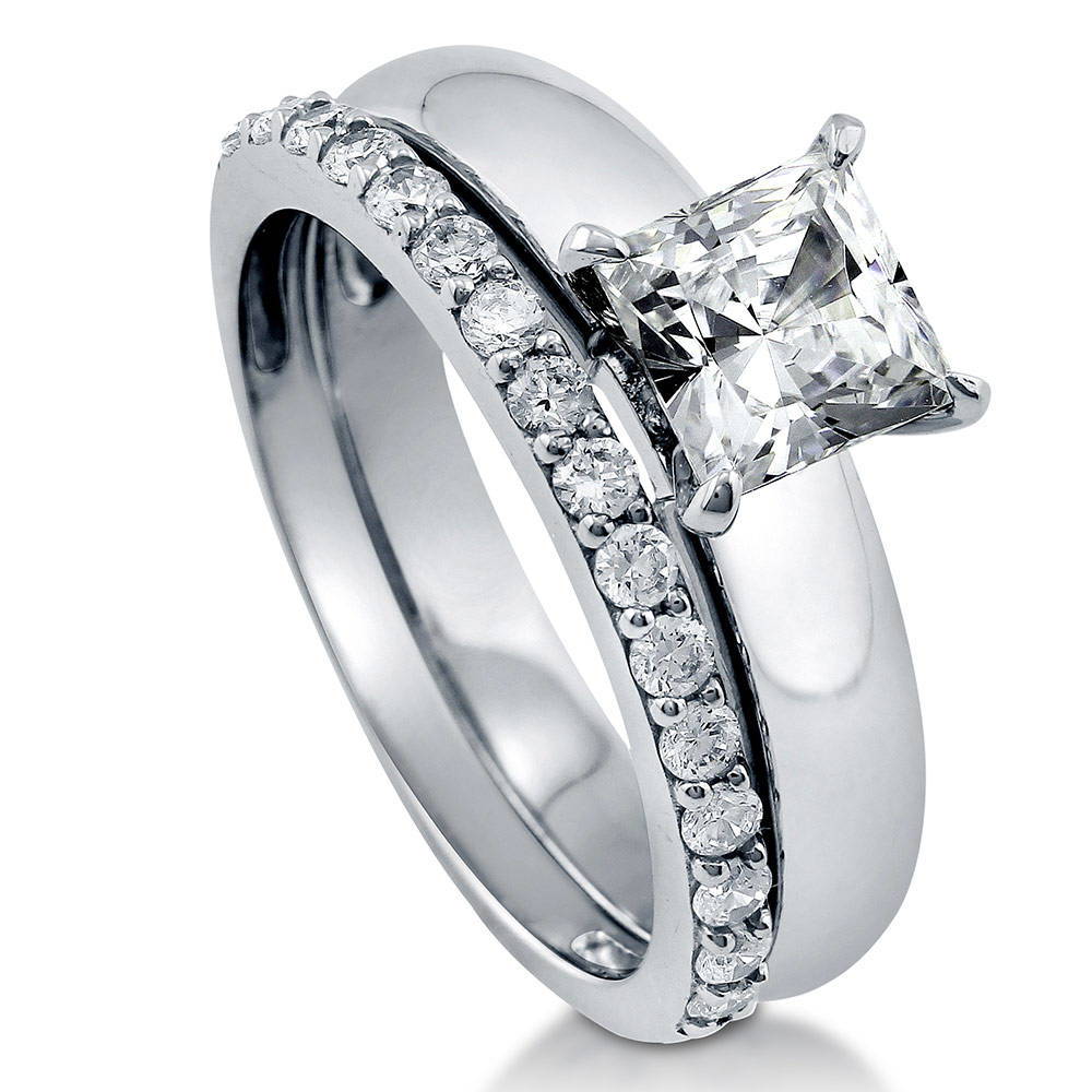 Front view of Solitaire 1.2ct Princess CZ Ring Set in Sterling Silver, 4 of 12
