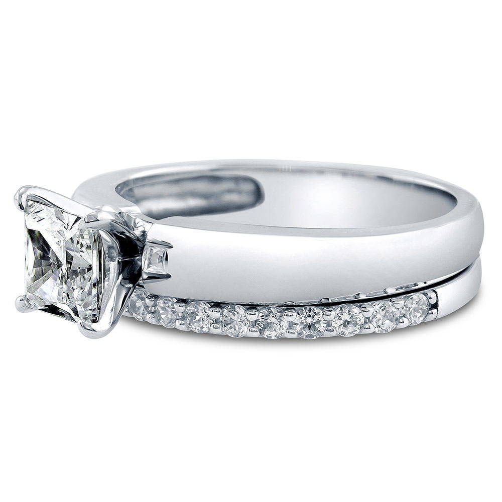 Angle view of Solitaire 1.2ct Princess CZ Ring Set in Sterling Silver, 5 of 12
