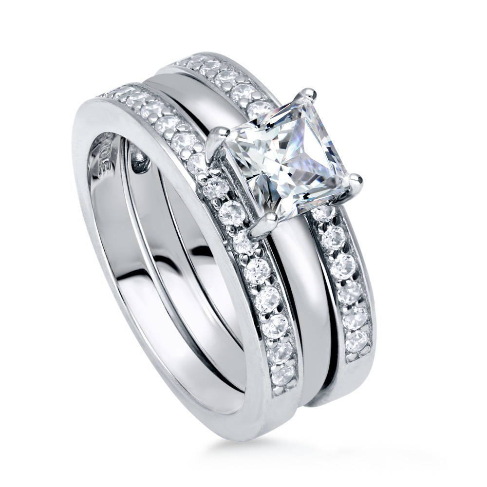 Front view of Solitaire 1ct Princess CZ Ring Set in Sterling Silver, 4 of 8