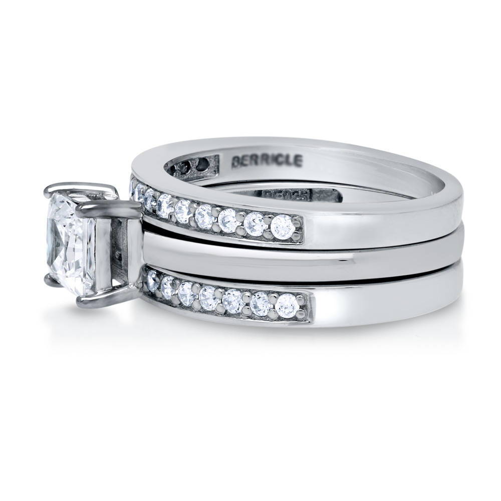 Angle view of Solitaire 1ct Princess CZ Ring Set in Sterling Silver, 5 of 8