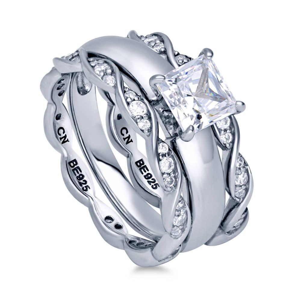 Front view of Solitaire 1.2ct Princess CZ Ring Set in Sterling Silver, 4 of 11