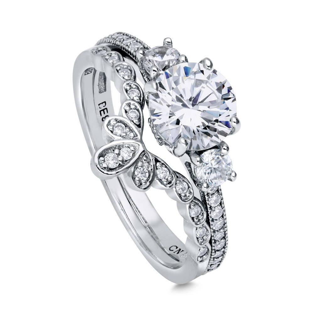 Front view of 3-Stone Crown Round CZ Ring Set in Sterling Silver, 4 of 13