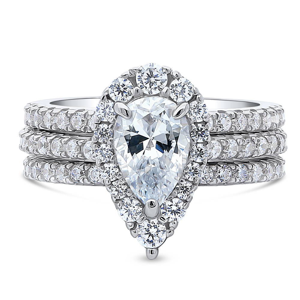 Halo Pear CZ Ring Set in Sterling Silver, 1 of 12