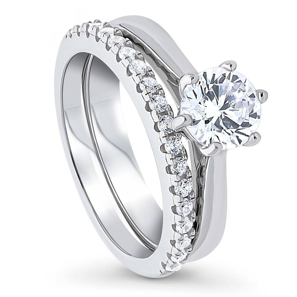 Front view of Solitaire 1ct Round CZ Ring Set in Sterling Silver, 4 of 13