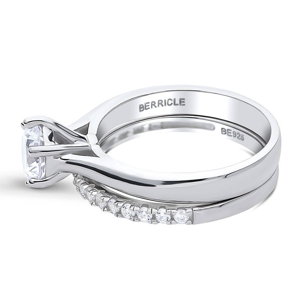 Angle view of Solitaire 1ct Round CZ Ring Set in Sterling Silver, 5 of 13