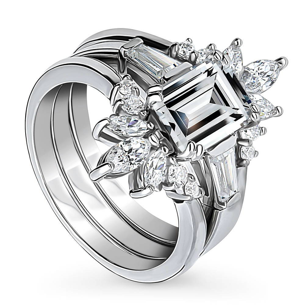 Sterling Silver 3-Stone Emerald Cut CZ Wedding Engagement Ring Set