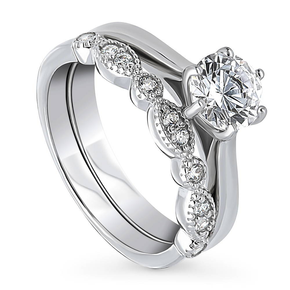 Front view of Solitaire 1ct Round CZ Ring Set in Sterling Silver, 4 of 15