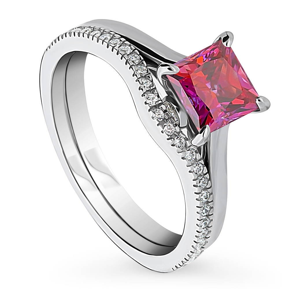 Front view of Solitaire 1.2ct Red Princess CZ Ring Set in Sterling Silver, 4 of 17