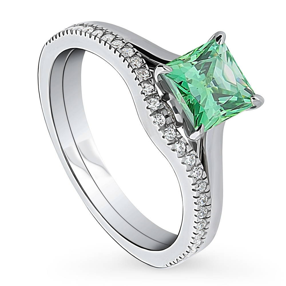 Front view of Solitaire 1.2ct Green Princess CZ Ring Set in Sterling Silver, 4 of 13