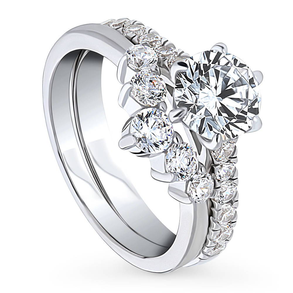 Sterling Silver 5-Stone Solitaire CZ Wedding Engagement Ring Set
