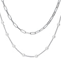 Front view of Paperclip Imitation Pearl Link Chain Necklace, 2 Piece, Rhodium Plated